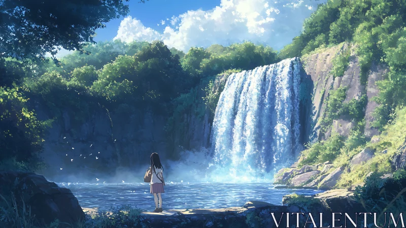 Soft summer waterfall welcomes a quiet girl’s gentle wonder