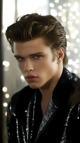 Luminous young icon in sleek black jacket and bokeh glow.