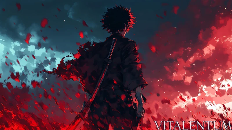 Lone swordsman ignites a storm of red petals and twilight