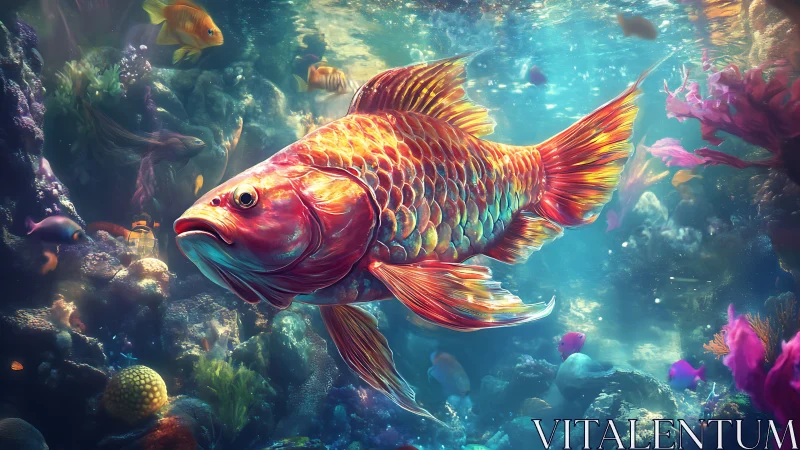 Vibrant golden fish swimming in colorful coral reef scene.