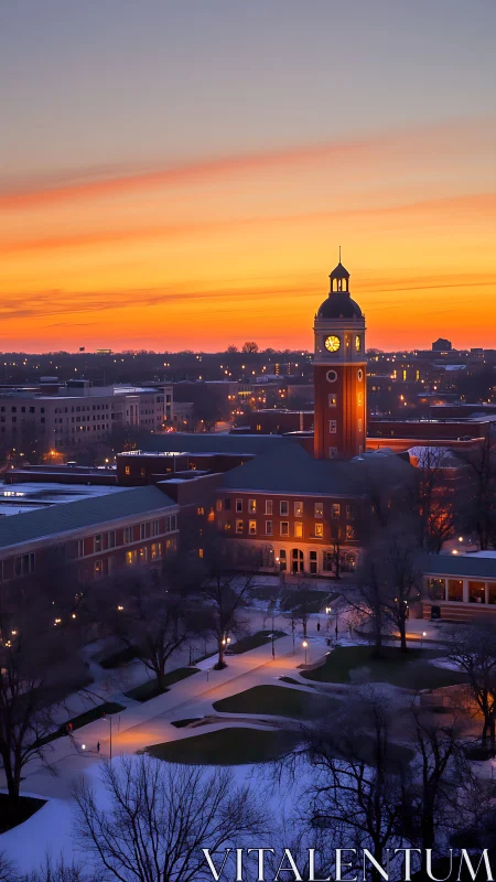 Academic clock tower at dusk above winter campus quadrangle