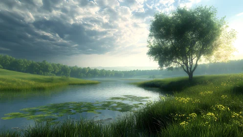 Serene lakeside meadow under dramatic morning sky.