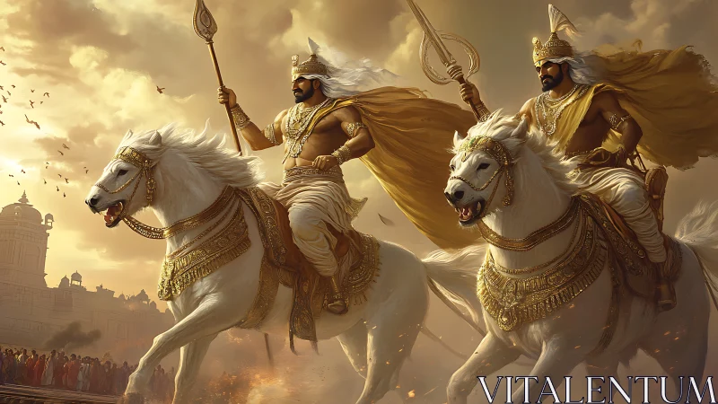 Warriors on white horses charge through golden cityscape