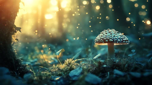Single amanita mushroom glows under soft forest backlight