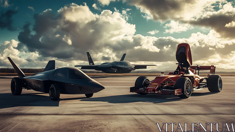 Futuristic race cars and stealth jet on dramatic runway.