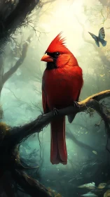 Scarlet cardinal keeps luminous watch in misty dreamwood.