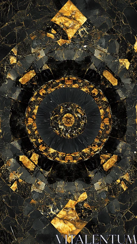 Radial gold and obsidian geometric mandala in mosaic symmetry.