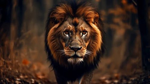 Majestic male lion walks through dark autumn forest
