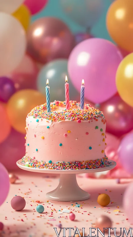 Colorful Birthday Cake with Lit Candles and Balloon Backdrop.