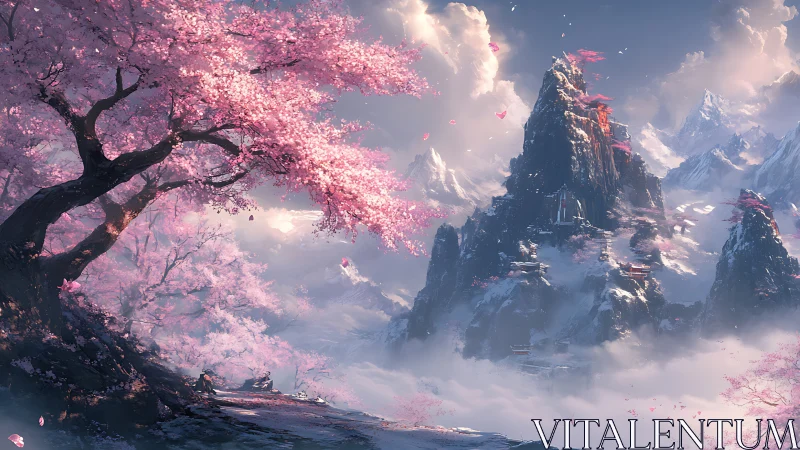 Blossom-clad mountain temples adrift in whispering cloud seas.