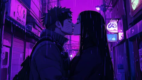 Two anime figures standing in rain under purple city lights.
