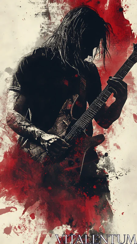 Silhouetted rock guitarist erupts from red abstract splashes.