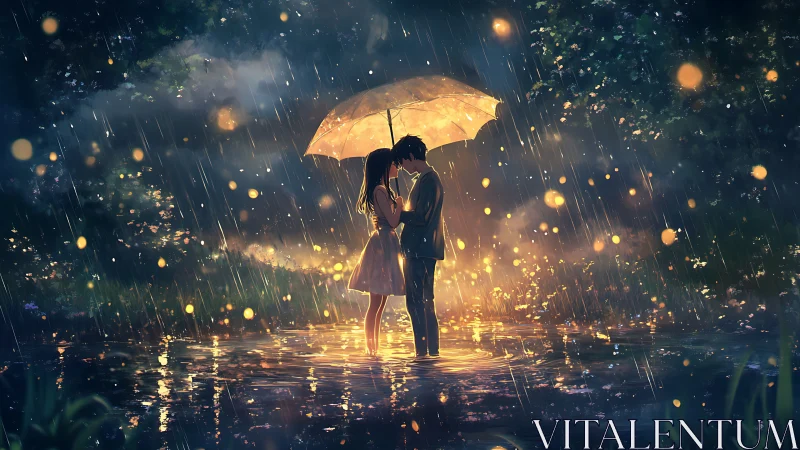 Golden Umbrella Romance: Ethereal Rainstorm Embrace.