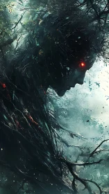 Dark forest spirit profile with glowing red eyes looms.