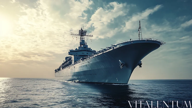 Modern warship cuts through calm ocean under dramatic sky