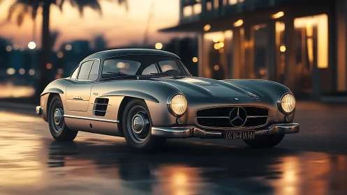 Classic silver coupe rendered in cinematic dusk street lighting