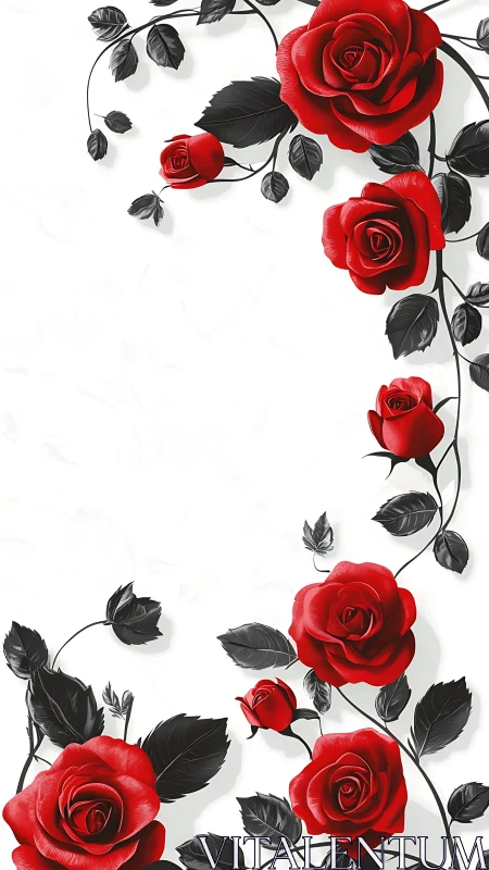 Red Rose Vines with Black Foliage on Minimal Background Surface.
