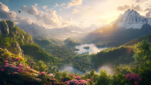 Sunlit fantasy valley opens around tranquil lakes and peaks