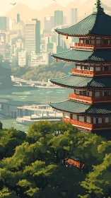Tiered pagoda overlooking modern riverside skyline at dusk.