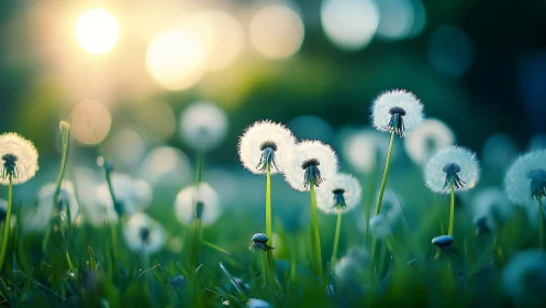 Delicate Dandelion Wishes Dance in Sunlit Meadow