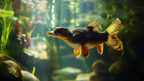 Duck-billed daydream fish drifting through leafy green light.