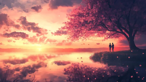 Lovers linger beneath blush-lit cherry skies at sunset.