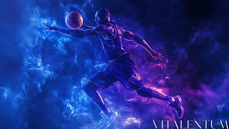 Electric basketball leap glowing with bold cosmic energy.