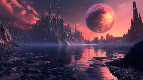 Alien skyline glows under a colossal crimson planet.