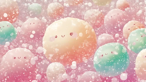 Soft pastel bubble characters rendered with layered particle glow