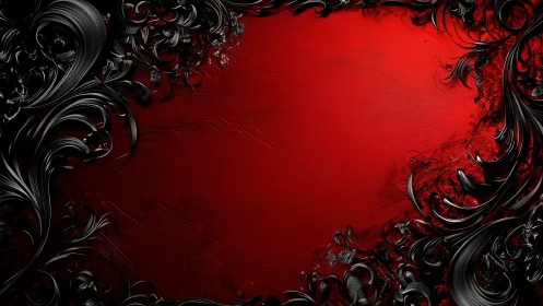 Black ornamental swirls frame textured red background field