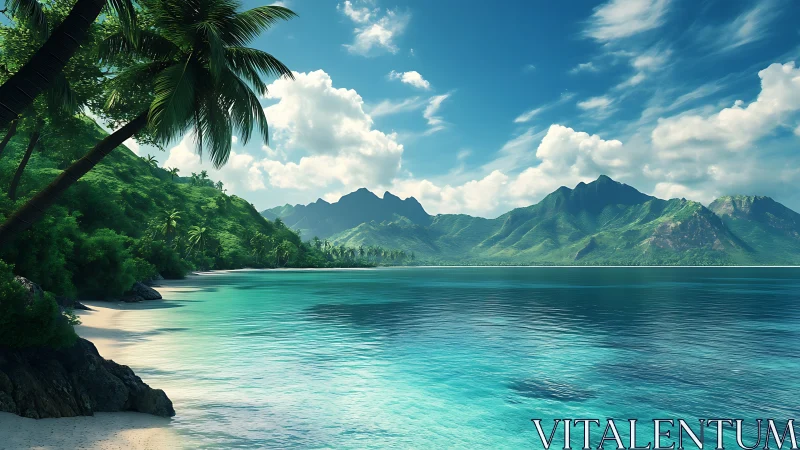 Tropical Paradise Bay with Mountains and Palm Trees.