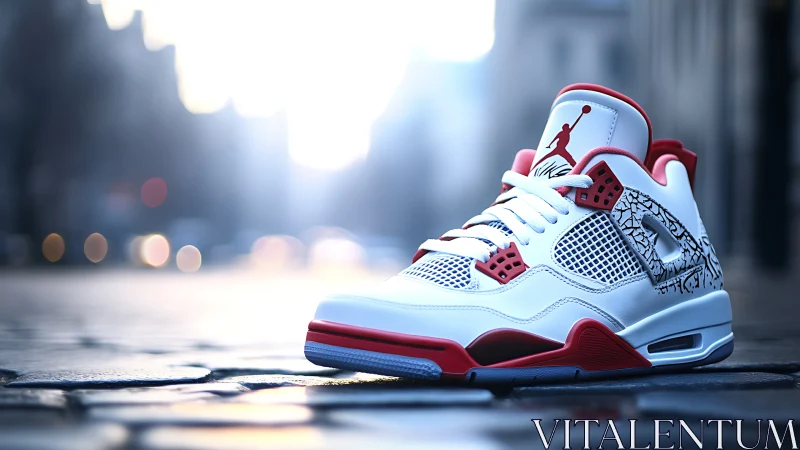 Urban streetlight glow on white and red sneaker profile shot.