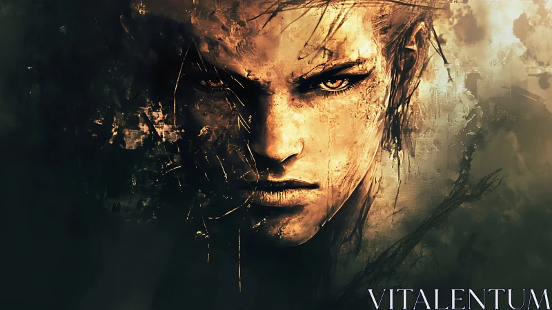 Textured warrior portrait merges splatter brushwork and harsh lighting