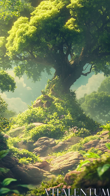 Ancient forest titan crowned in glowing emerald canopy.