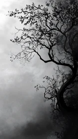 Graceful twilight tree bending into a quiet silver sky.