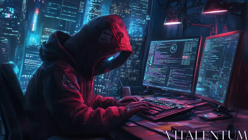 Hooded computer operator at dual monitors in neon cityscape.