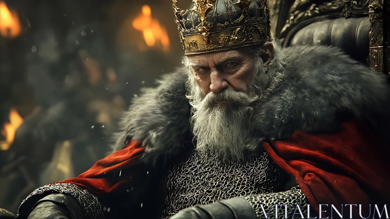 Aged medieval king stares forward from ornate throne