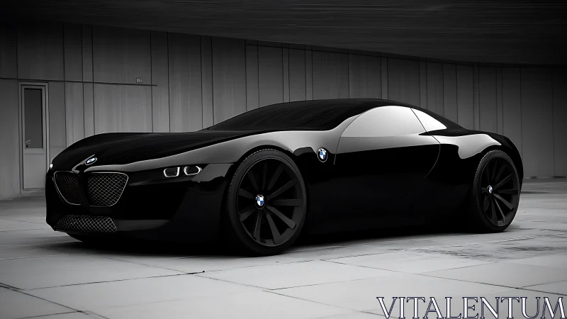 Black BMW concept coupe under minimal modern overhang.