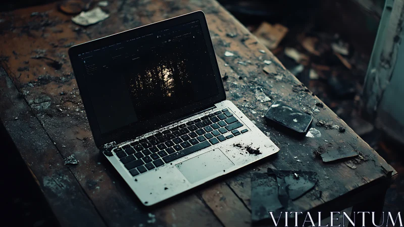 Weathered laptop on ruined workbench with cinematic lighting.