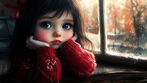 Digital portrait of child by frosted window in winter light.