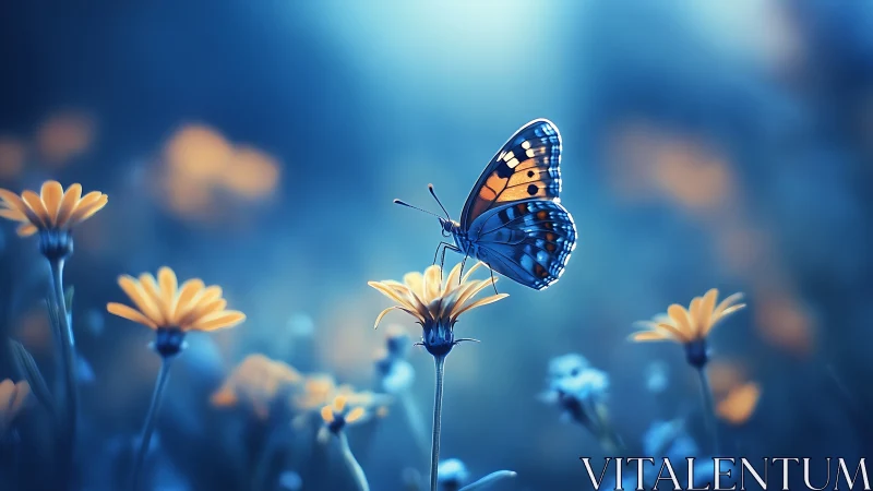 Luminous blue butterfly poised on daisy in dreamy meadow.