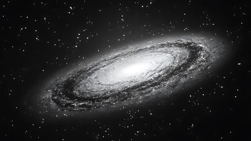 Spiral galaxy structure is depicted in monochrome space field