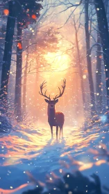 Winter monarch stag bathing in ember-bright forest light.