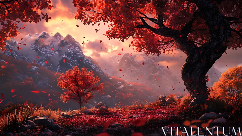 Crimson leaves whirl as quiet mountains drink the sunset fire