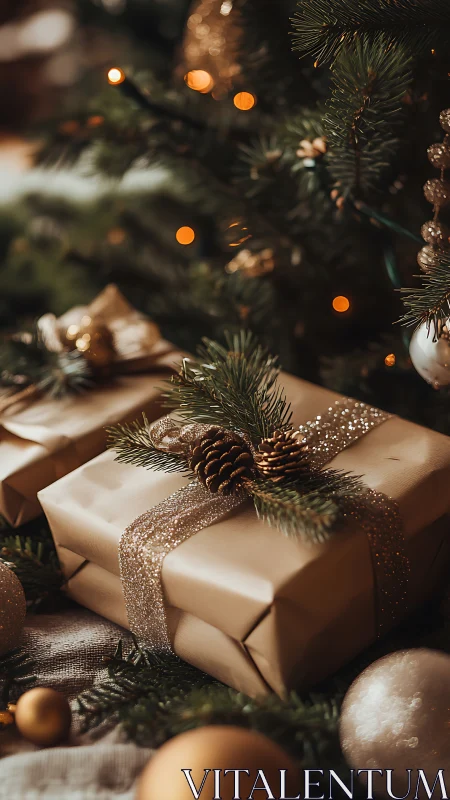 Gift boxes rest under warm bokeh lit Christmas tree