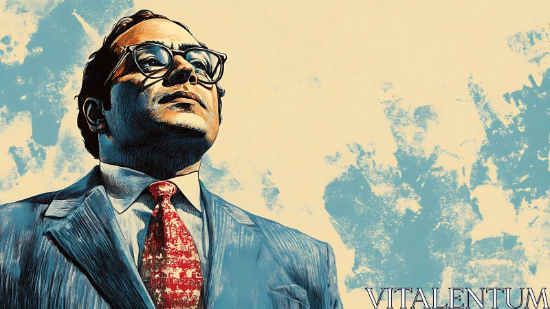 Upward gaze of suited man in stylized textured portrait.