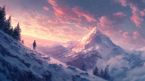 Solitary mountaineer on snow slope at pink twilight sky