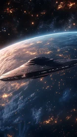 Silent starcruiser skims Earth’s glowing midnight rim.