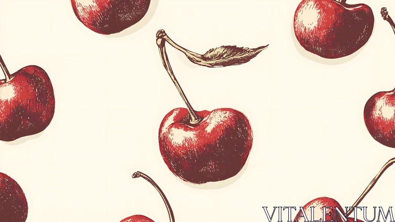 Hand-drawn cherry parade on creamy vintage canvas background.