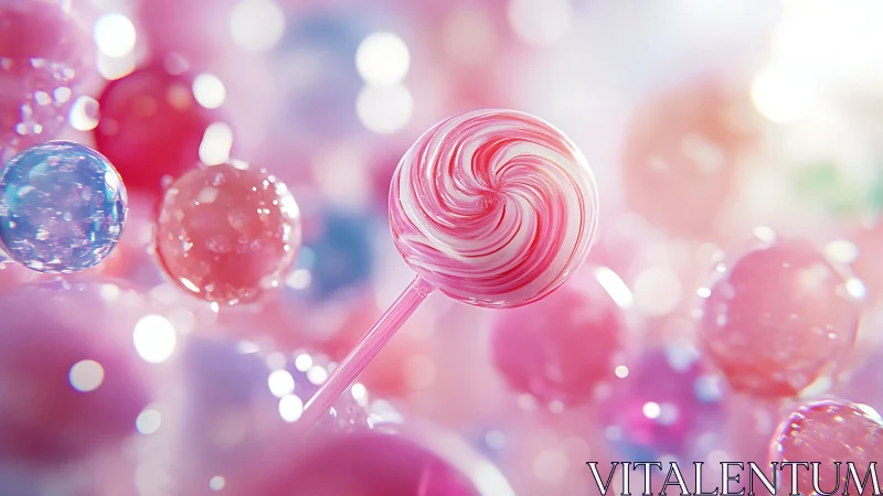 Lollipop Suspended Among Crystalline Candy Spheres With Bokeh. 3D Render